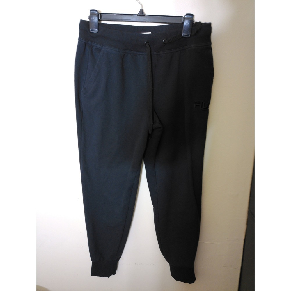 Fila Jogger Sweatpants Mens Medium Black Tonal Logo Tapered Athletic Loungewear